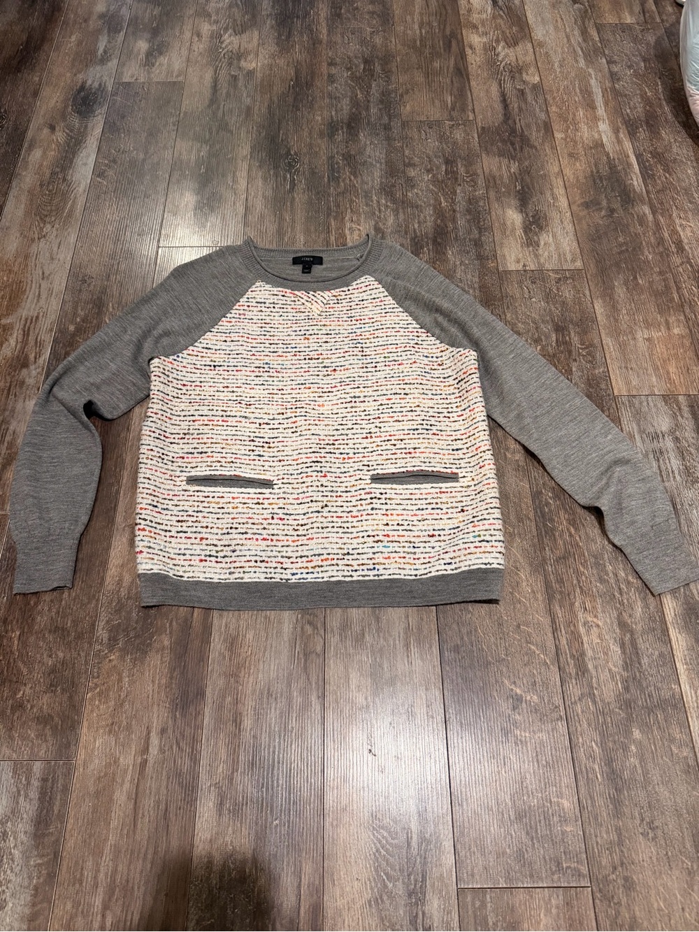 J. Crew Gray Sleeve Multicolor Tweed Front Pocket Crewneck Sweater